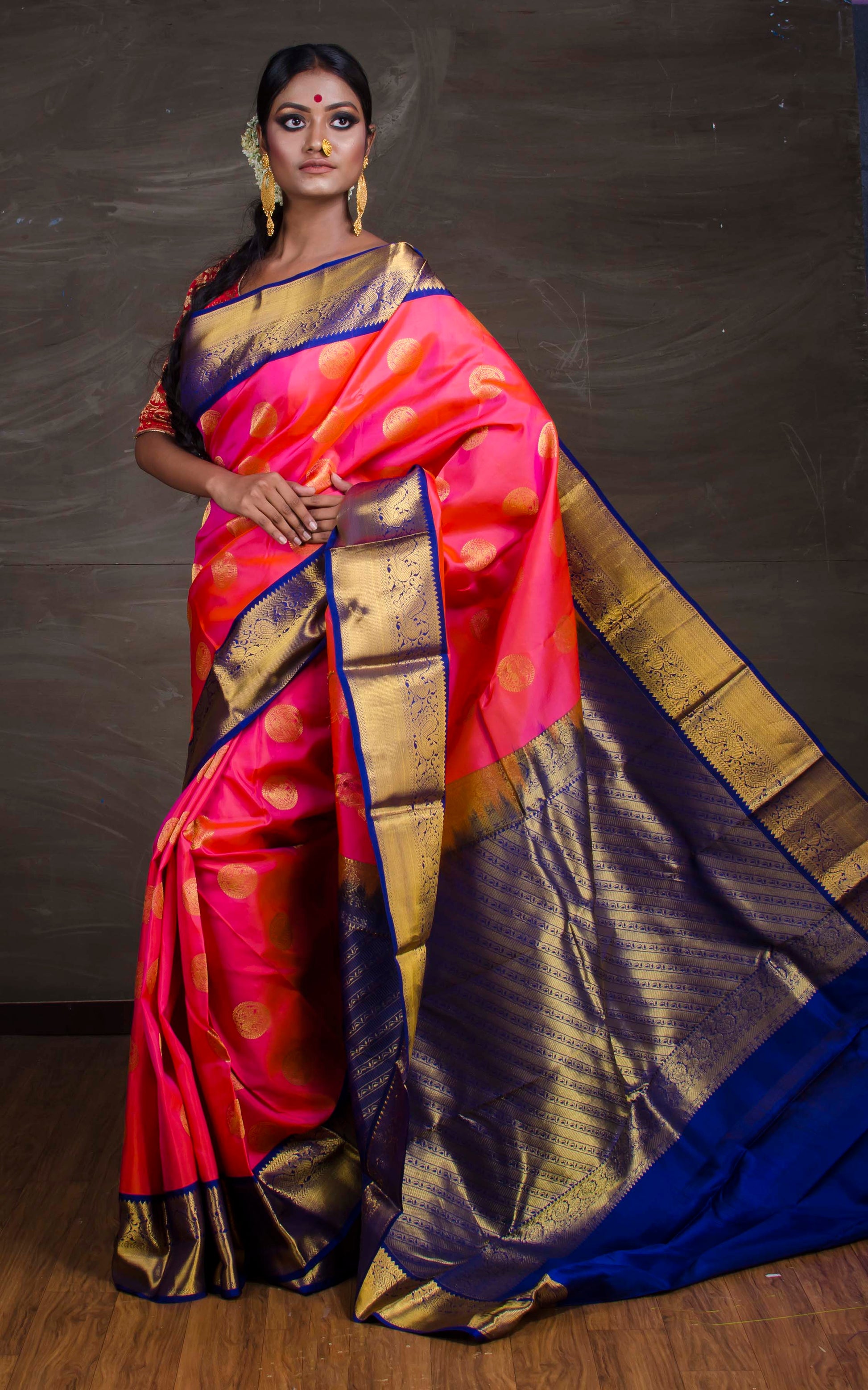 Kanchipuram Silk Saree in Pink, Blue and Gold - Bengal Looms India