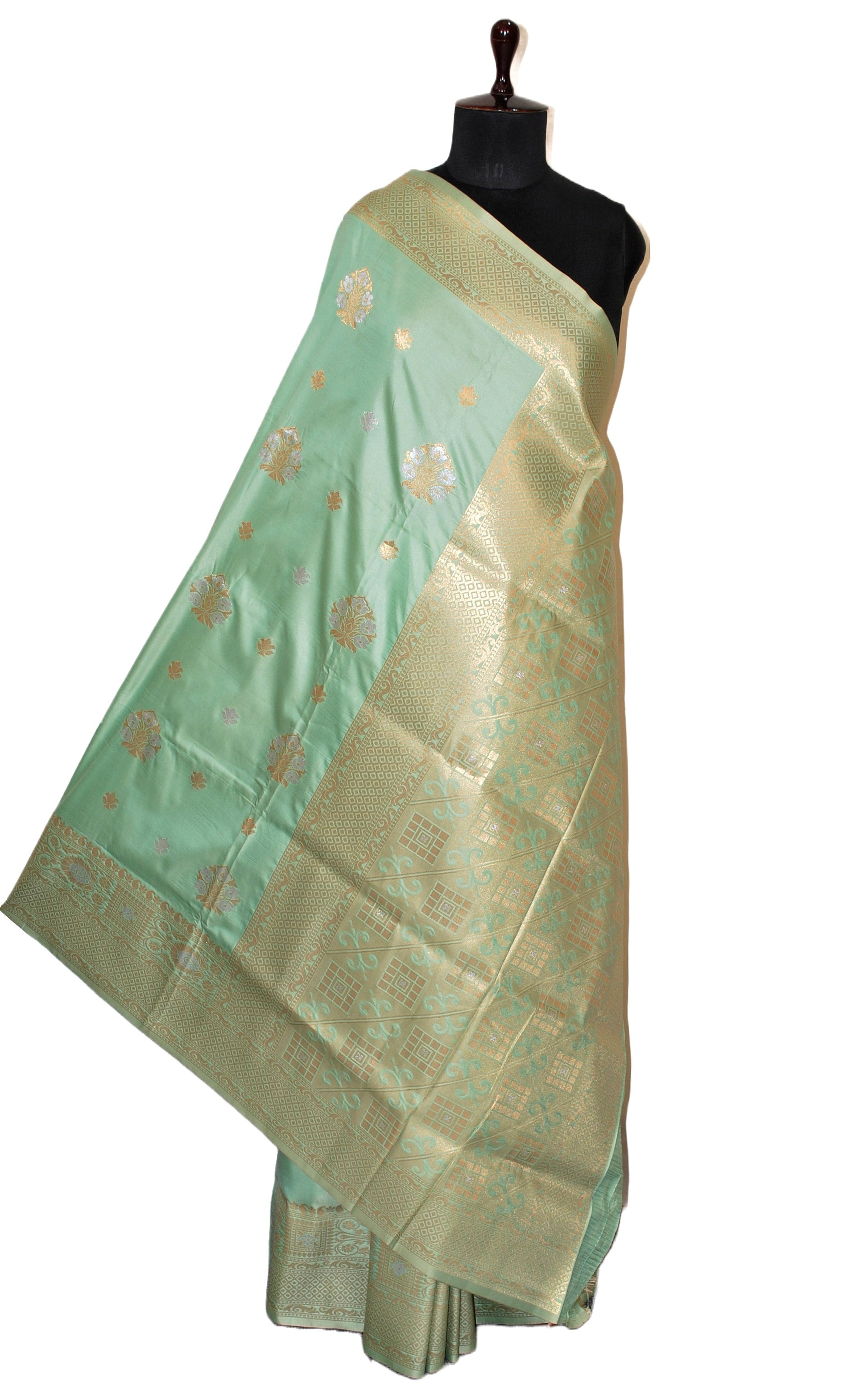 Kanchipuram Silk Saree in Mint Green, Silver and Matt Gold Woven Thread Nakshi Work