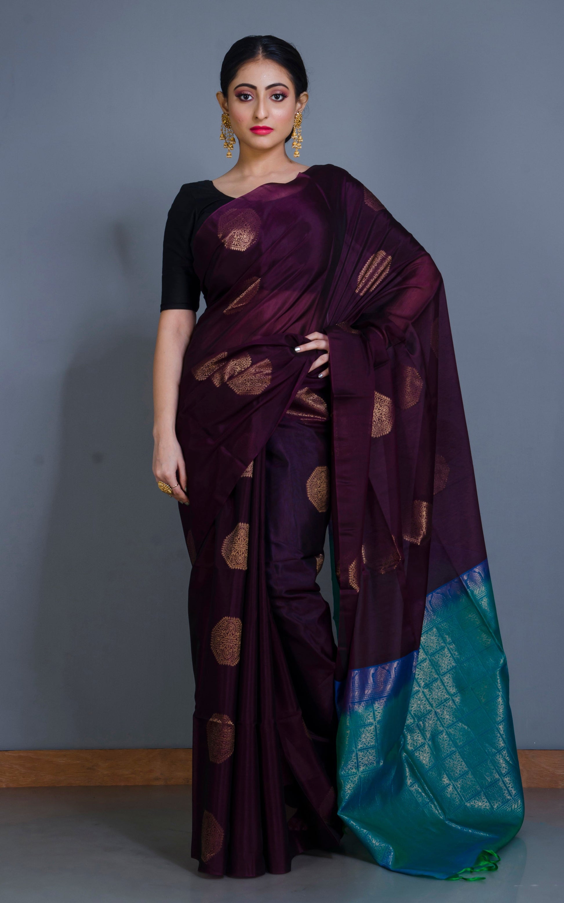 Premium Quality Poth Cotton Silk Kangivaram Saree in Dark Wine, Cerulean Blue and Muted Gold Zari Work