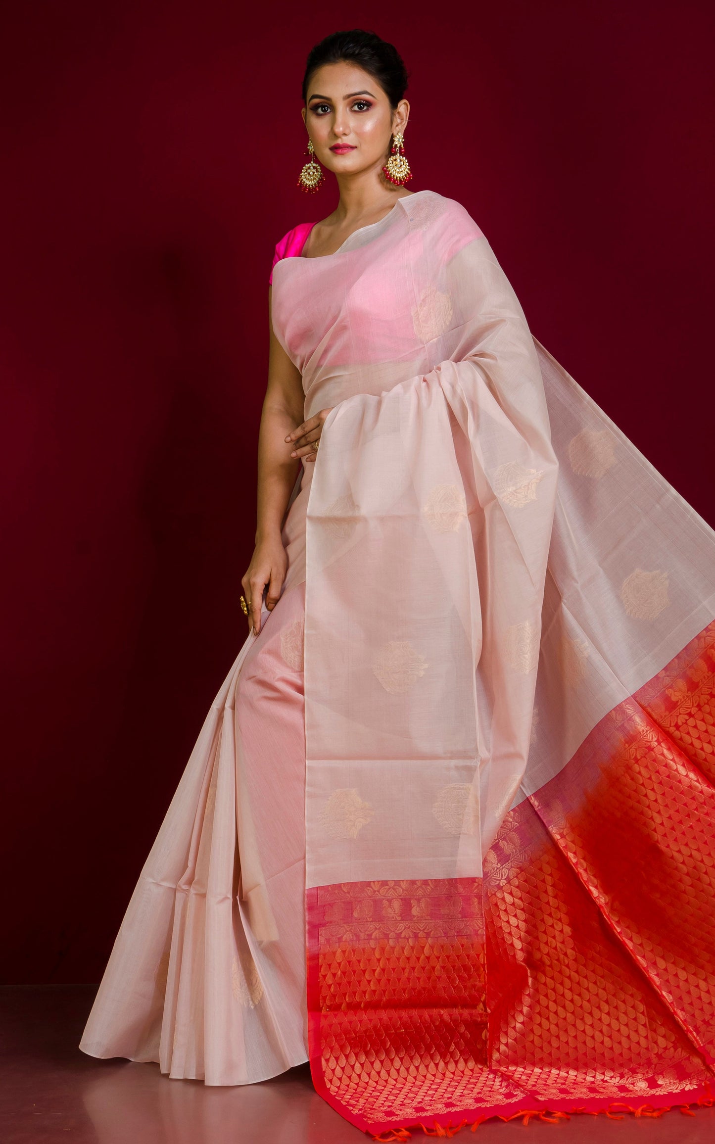 Premium Quality Poth Cotton Silk Kanjivaram Saree in Frosted Pink, Red and Muted Gold Zari Weave