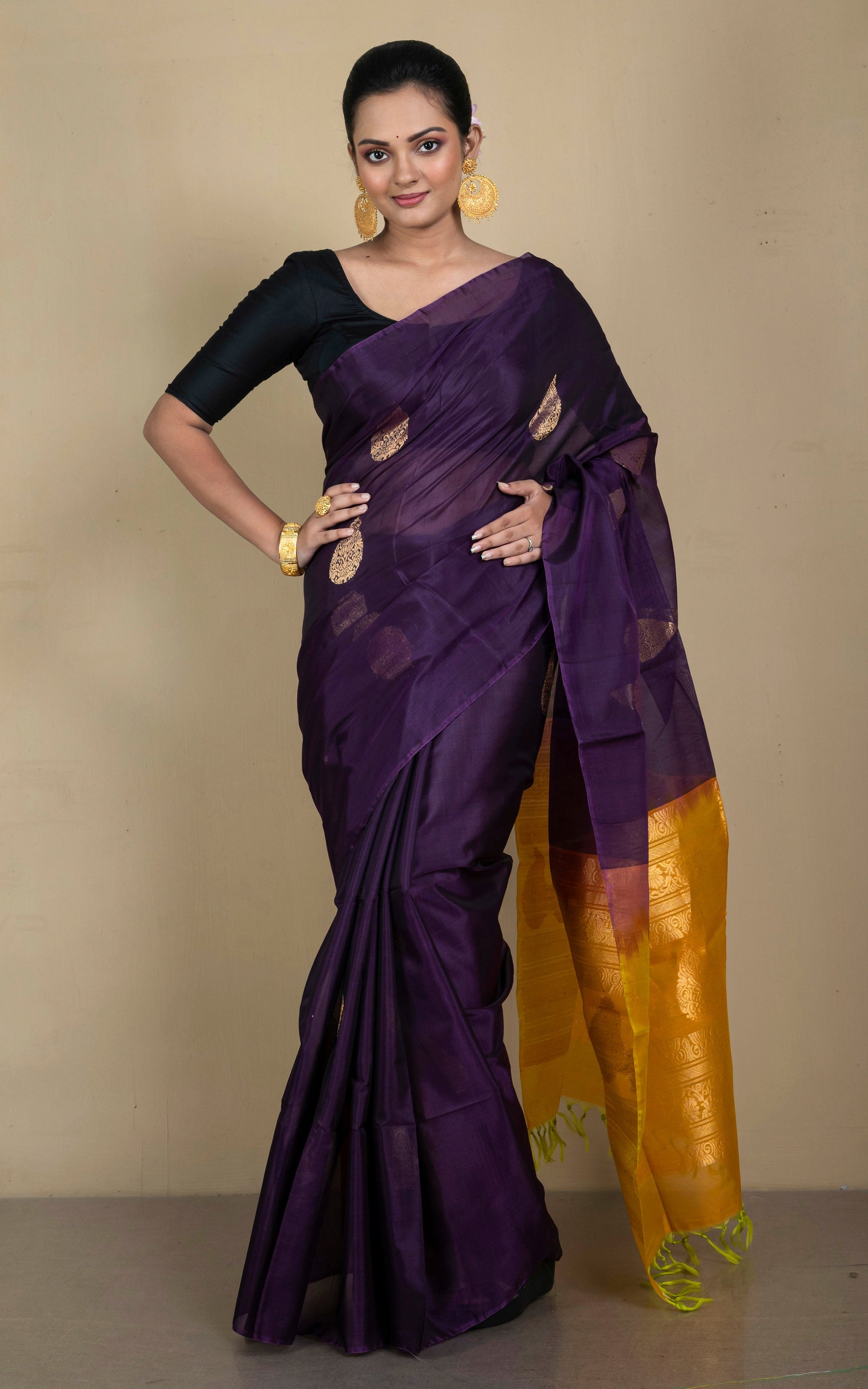 Premium Quality Poth Cotton Silk Kanjivaram Saree in Egg Plant Purple, Bright Golden  and Muted Gold Zari Work