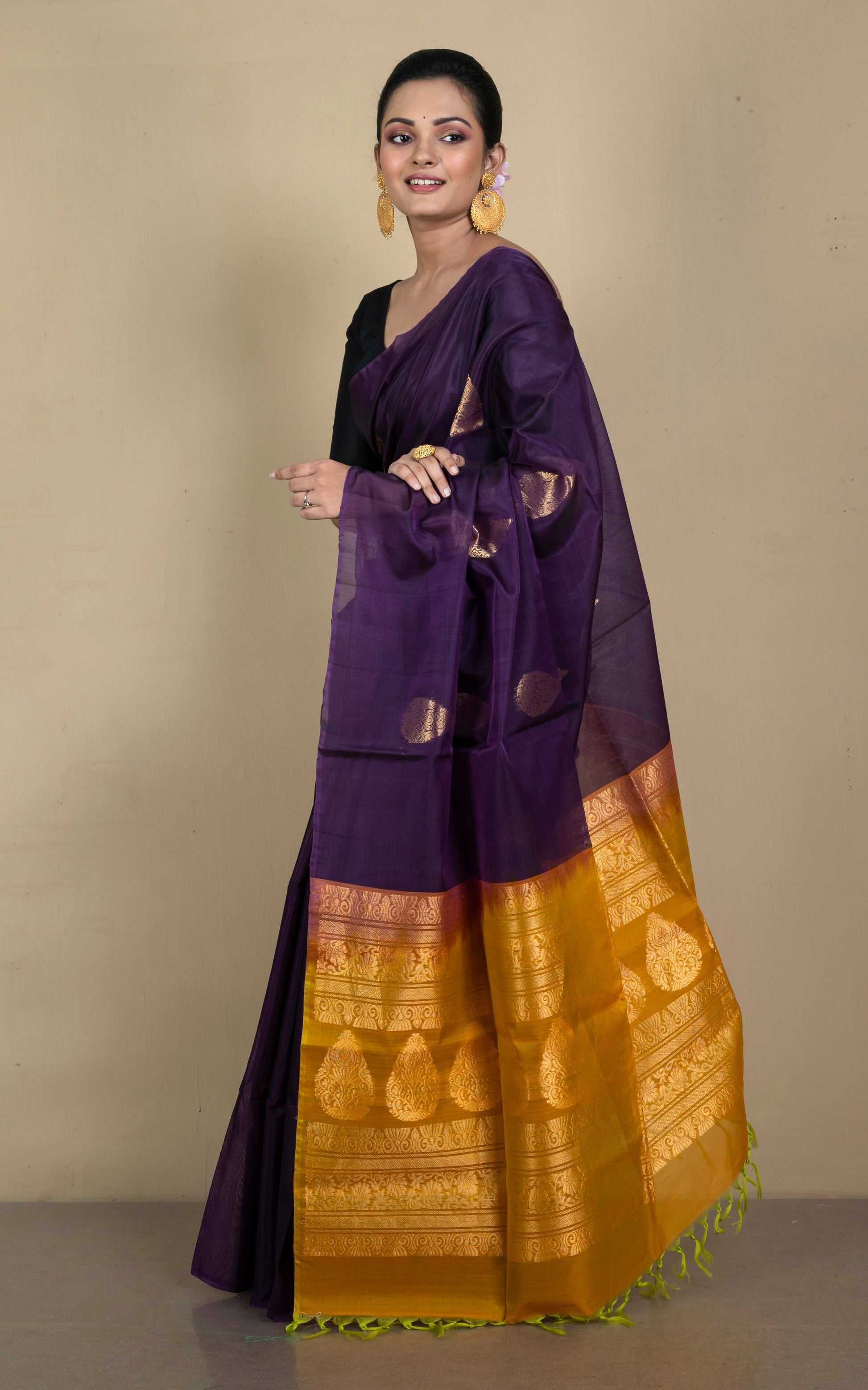 Premium Quality Poth Cotton Silk Kanjivaram Saree in Egg Plant Purple, Bright Golden  and Muted Gold Zari Work