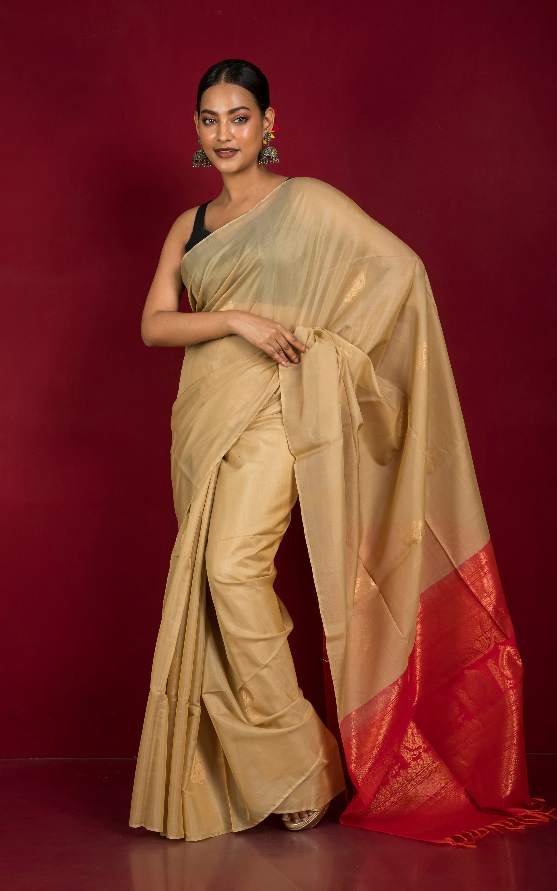 Premium Quality Poth Cotton Silk Kanjivaram Saree in Beige, Candy Red and Muted Gold Zari Work