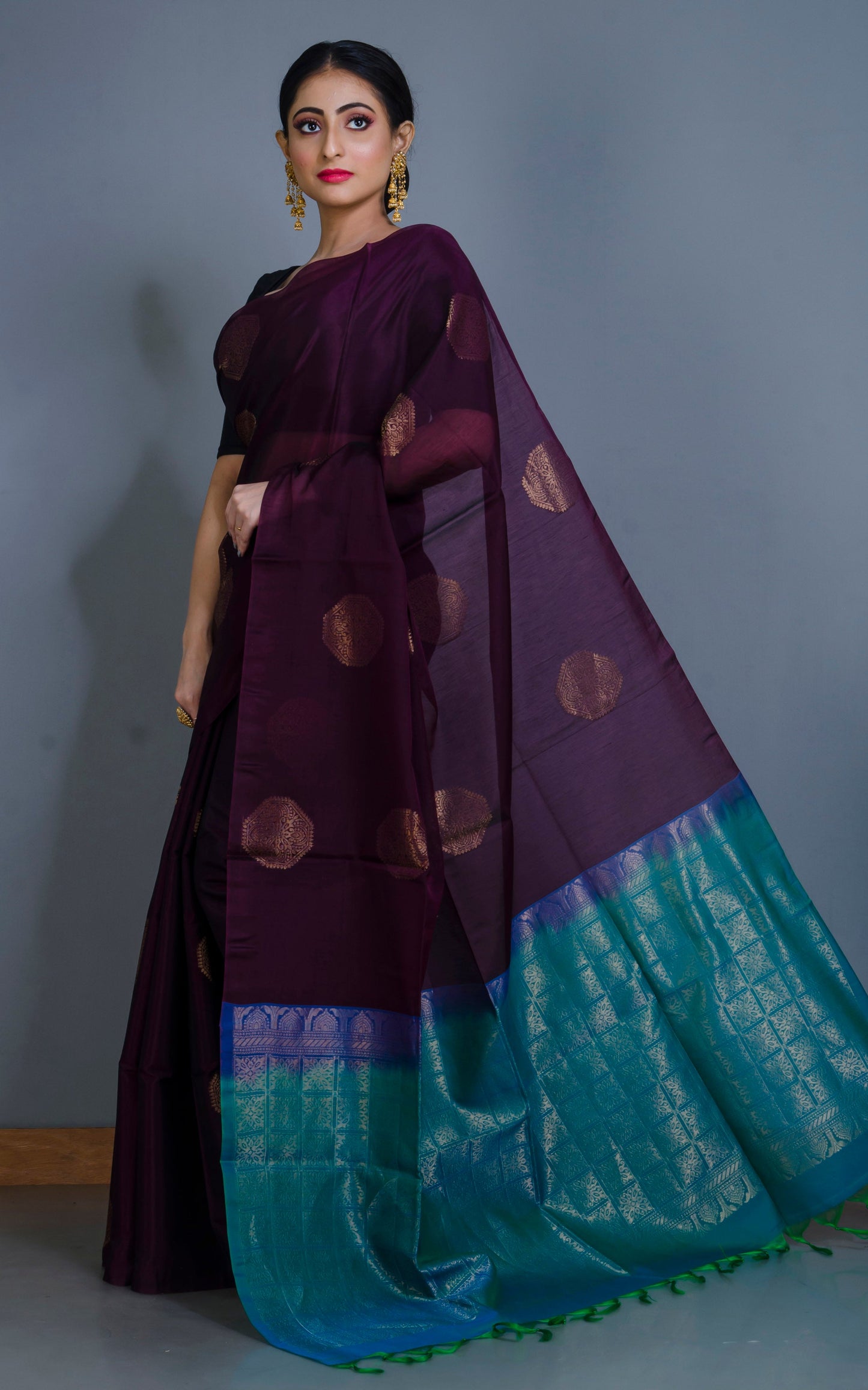 Premium Quality Poth Cotton Silk Kangivaram Saree in Dark Wine, Cerulean Blue and Muted Gold Zari Work