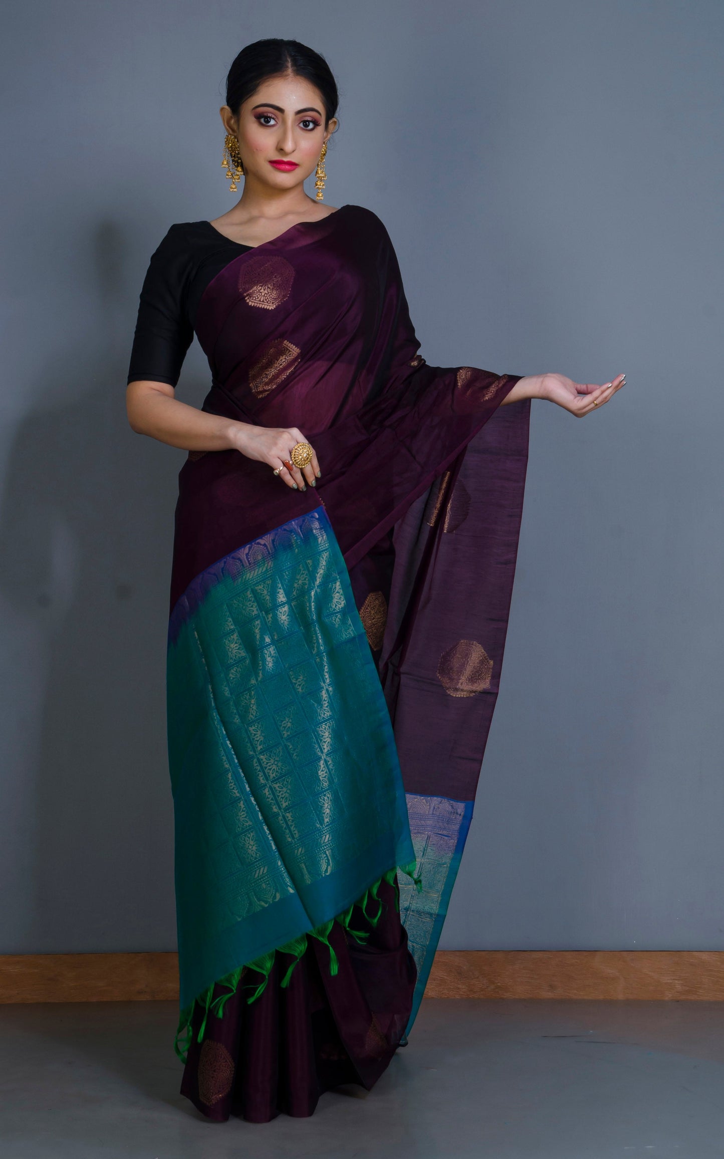 Premium Quality Poth Cotton Silk Kangivaram Saree in Dark Wine, Cerulean Blue and Muted Gold Zari Work