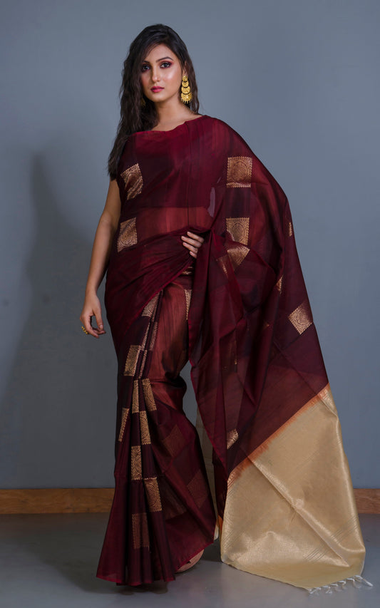 Premium Quality Poth Cotton Silk Kangivaram Saree in Garnet, Parmesan and Muted Gold Zari Work