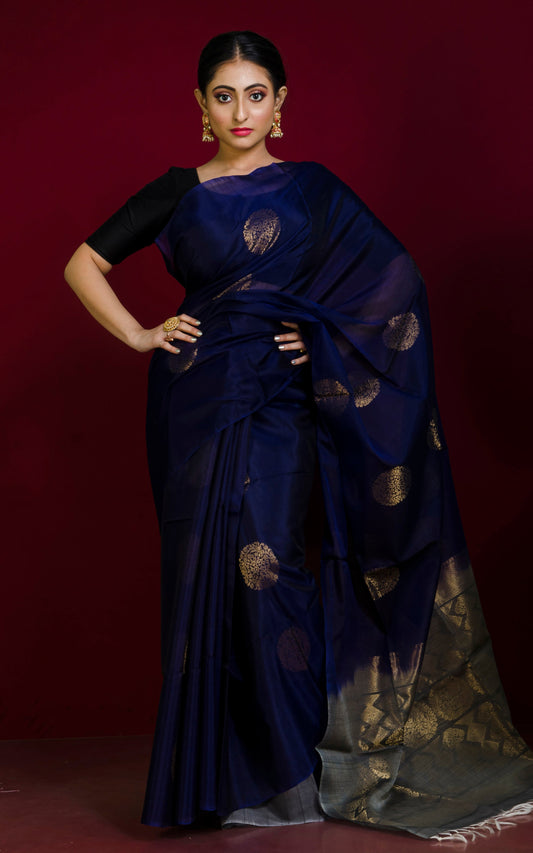 Premium Quality Poth Cotton Silk Kanjivaram Saree in Navy Blue, Grey and Muted Gold Zari Weave