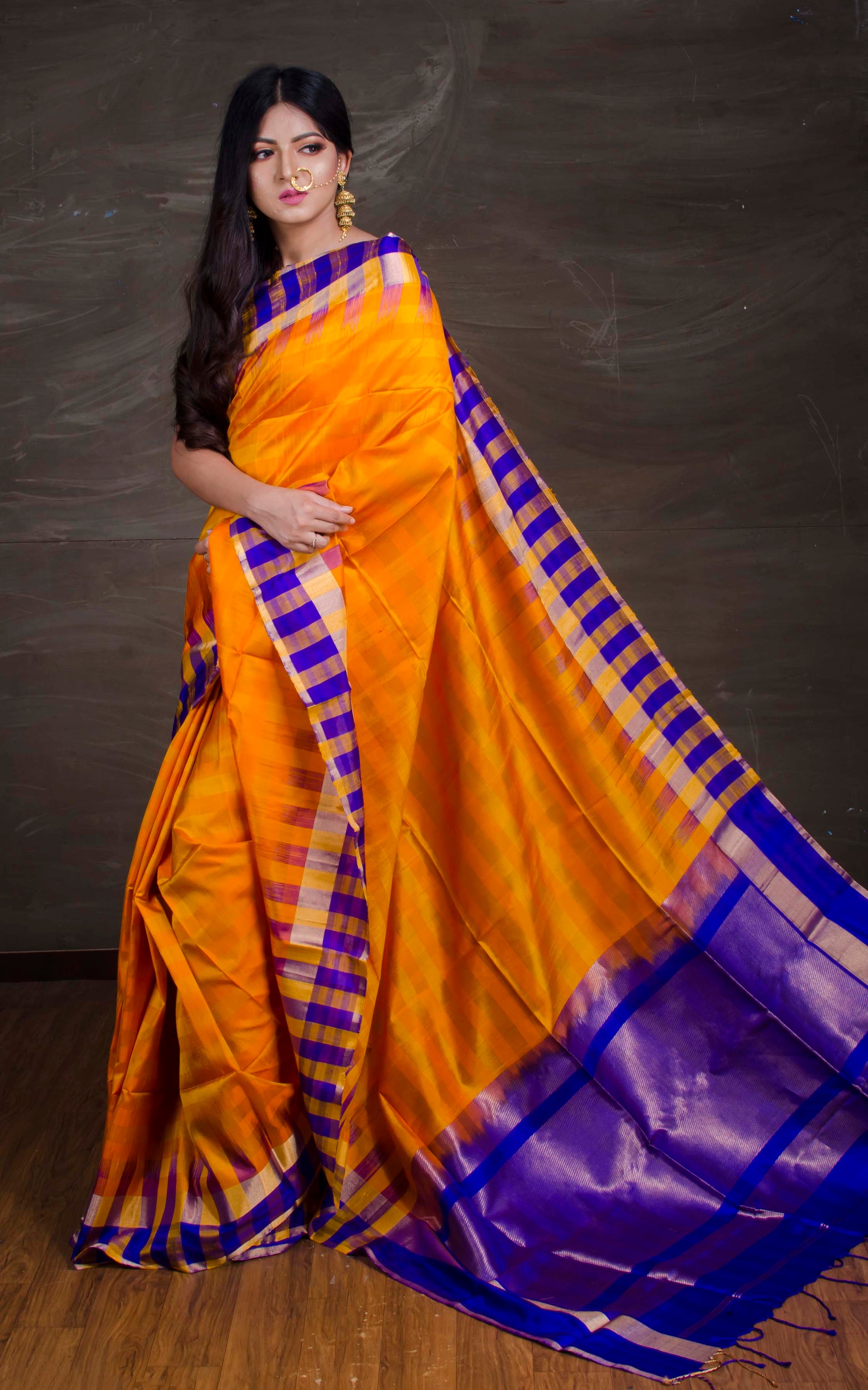 South Silk Saree with Check Border in Orange, Blue and Gold - Bengal Looms India