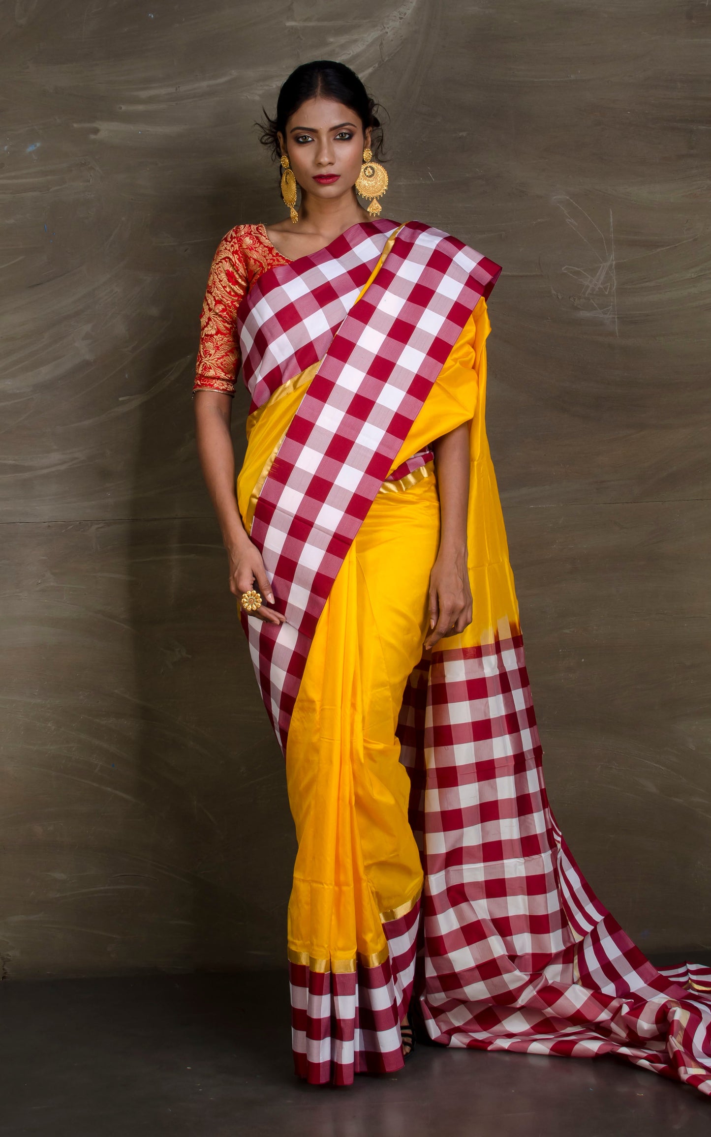 Semi Pure South Silk Checks Border Saree in Yellow from Bengal Looms India