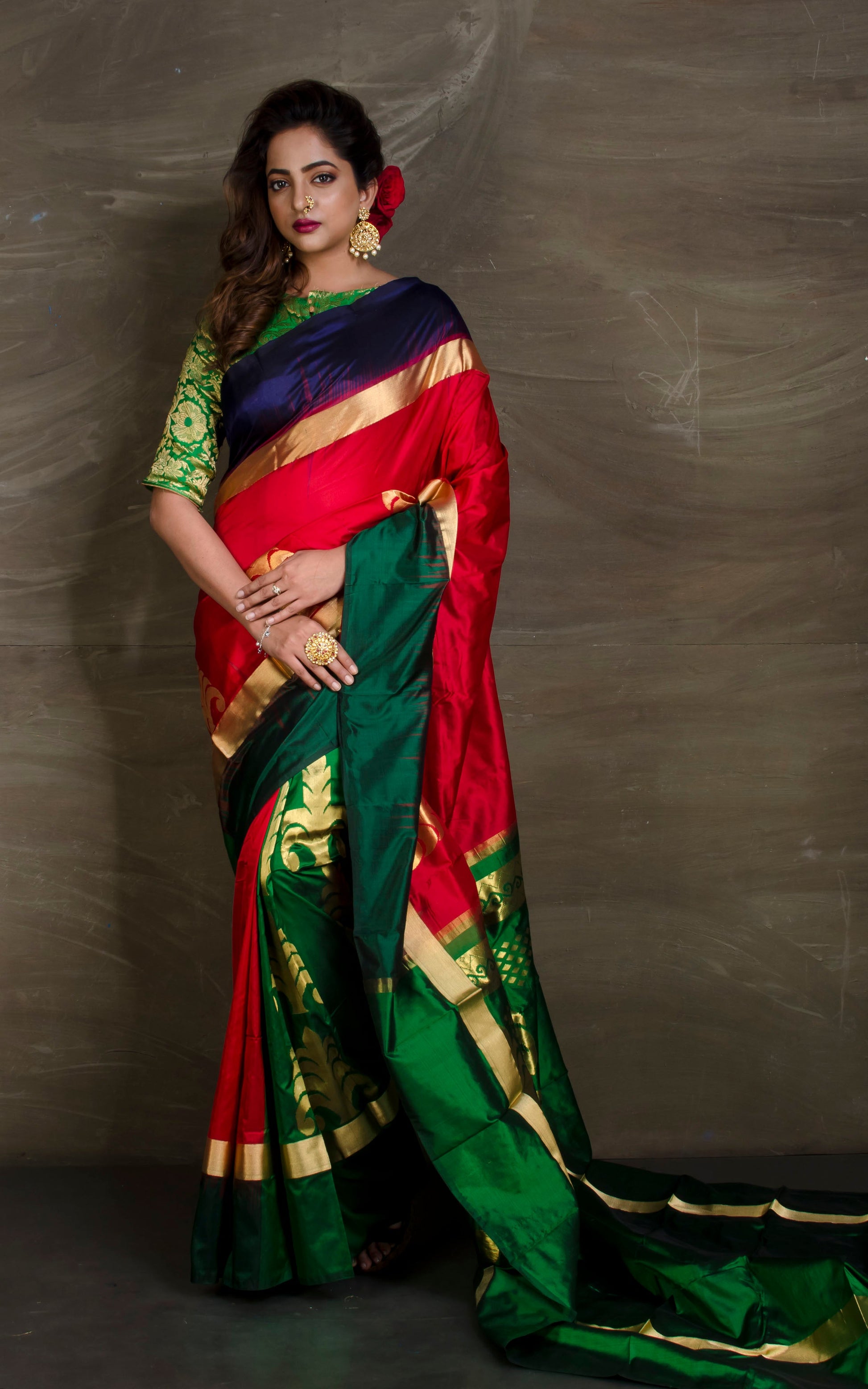 Pure Silk Patli Pallu Saree in Coral Red, Indigo Blue and Forest Green