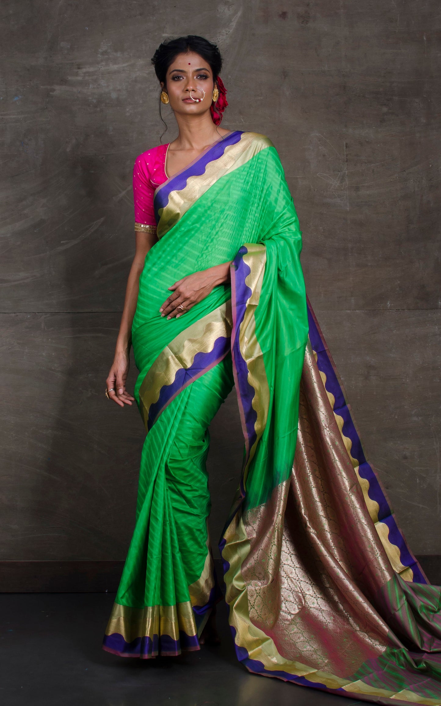 Art Silk Kanjivaram Saree in Spring Green, Indigo Blue and Beige