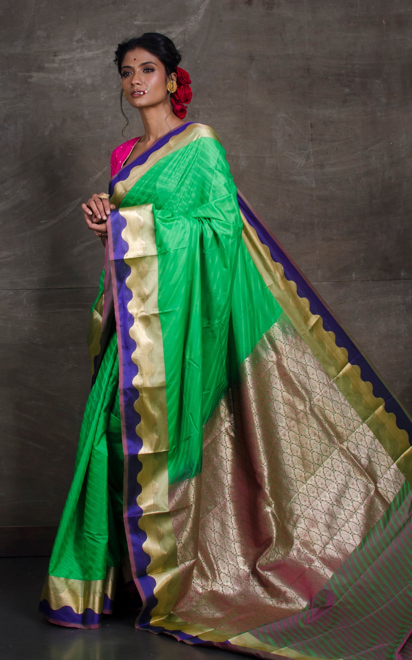 Art Silk Kanjivaram Saree in Spring Green, Indigo Blue and Beige