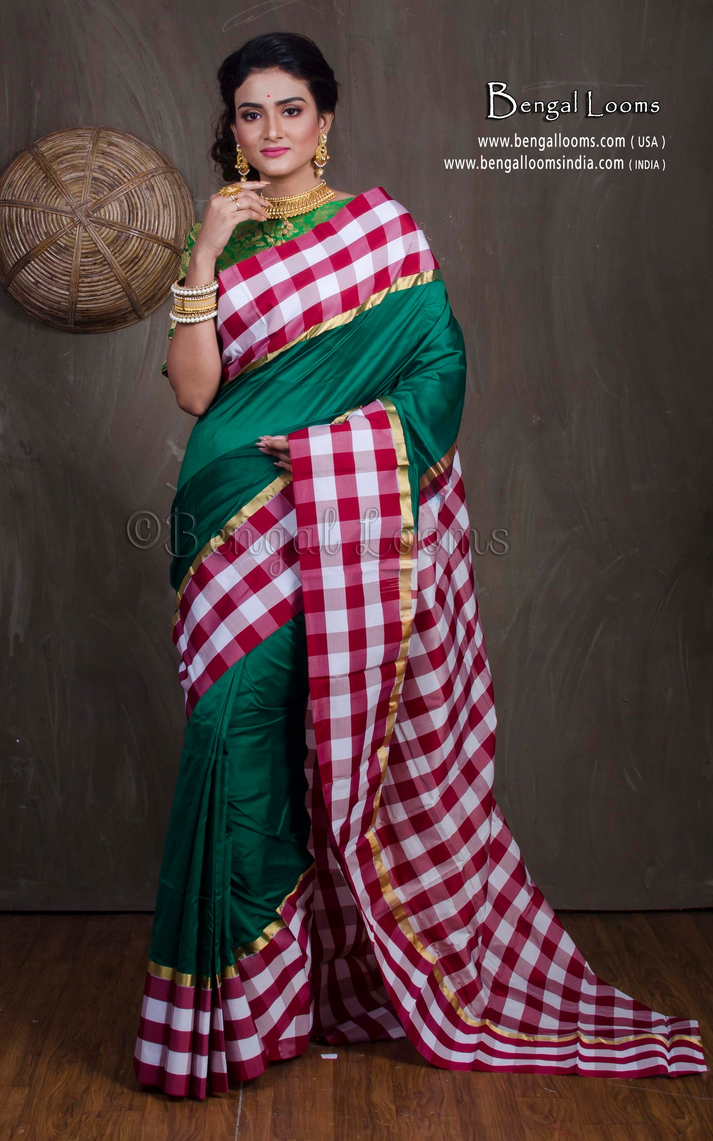 Semi Pure South Silk Checks Border Saree in Bottle Green