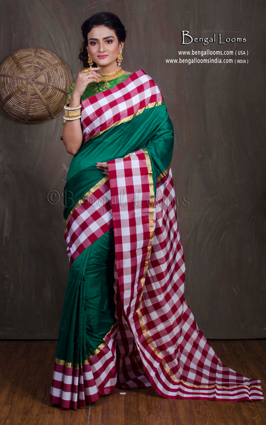 Semi Pure South Silk Checks Border Saree in Bottle Green