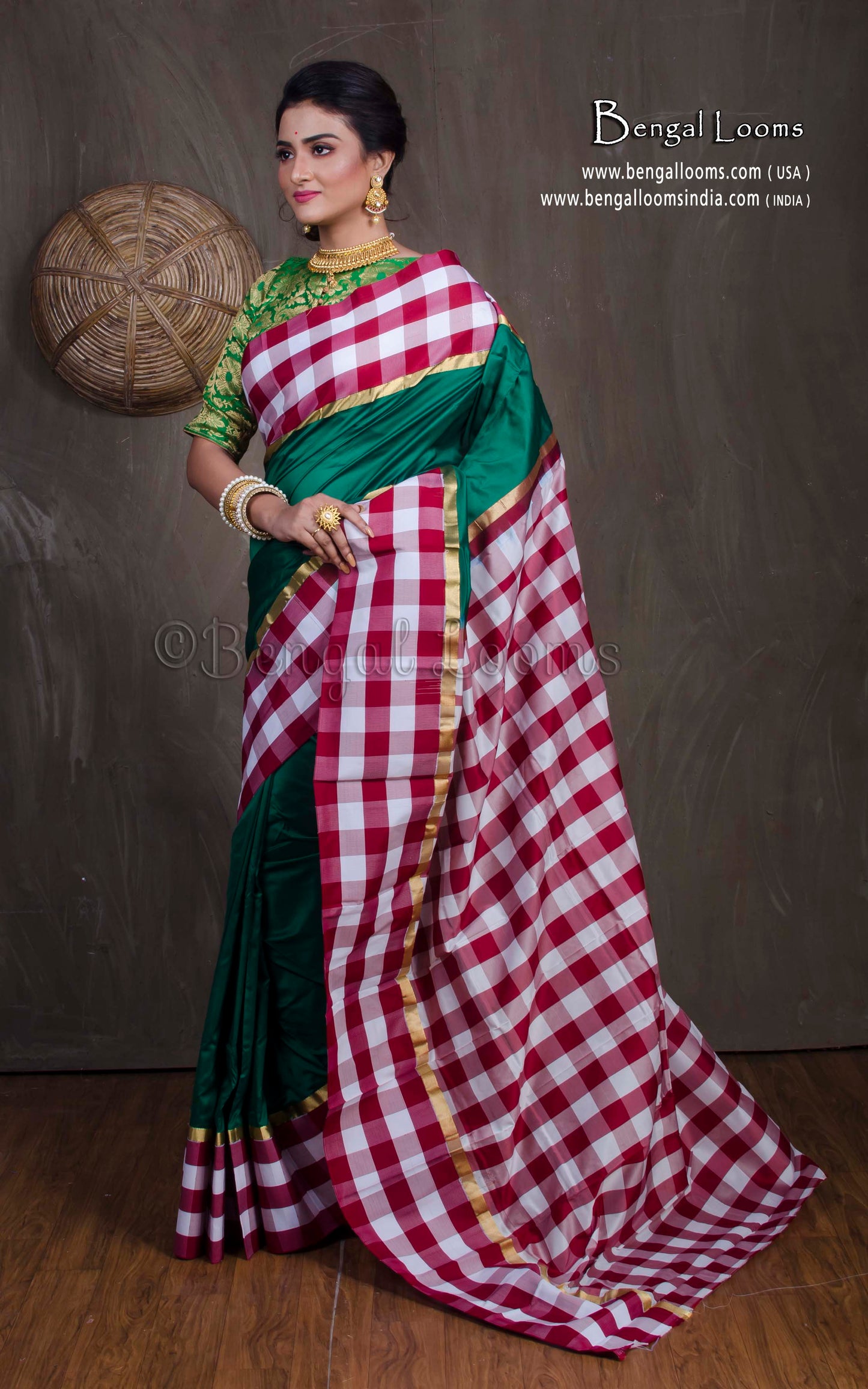 Semi Pure South Silk Checks Border Saree in Bottle Green