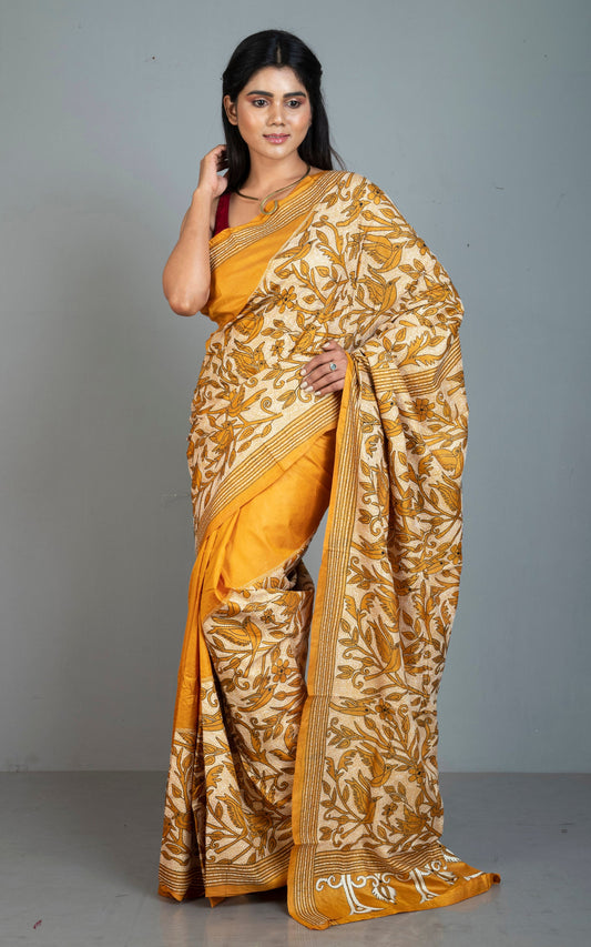 Hand Embroidery Reverse Nakshi Work Kantha Stitch Pure Silk Saree in Mustard Yellow, Off White and Black Thread Work