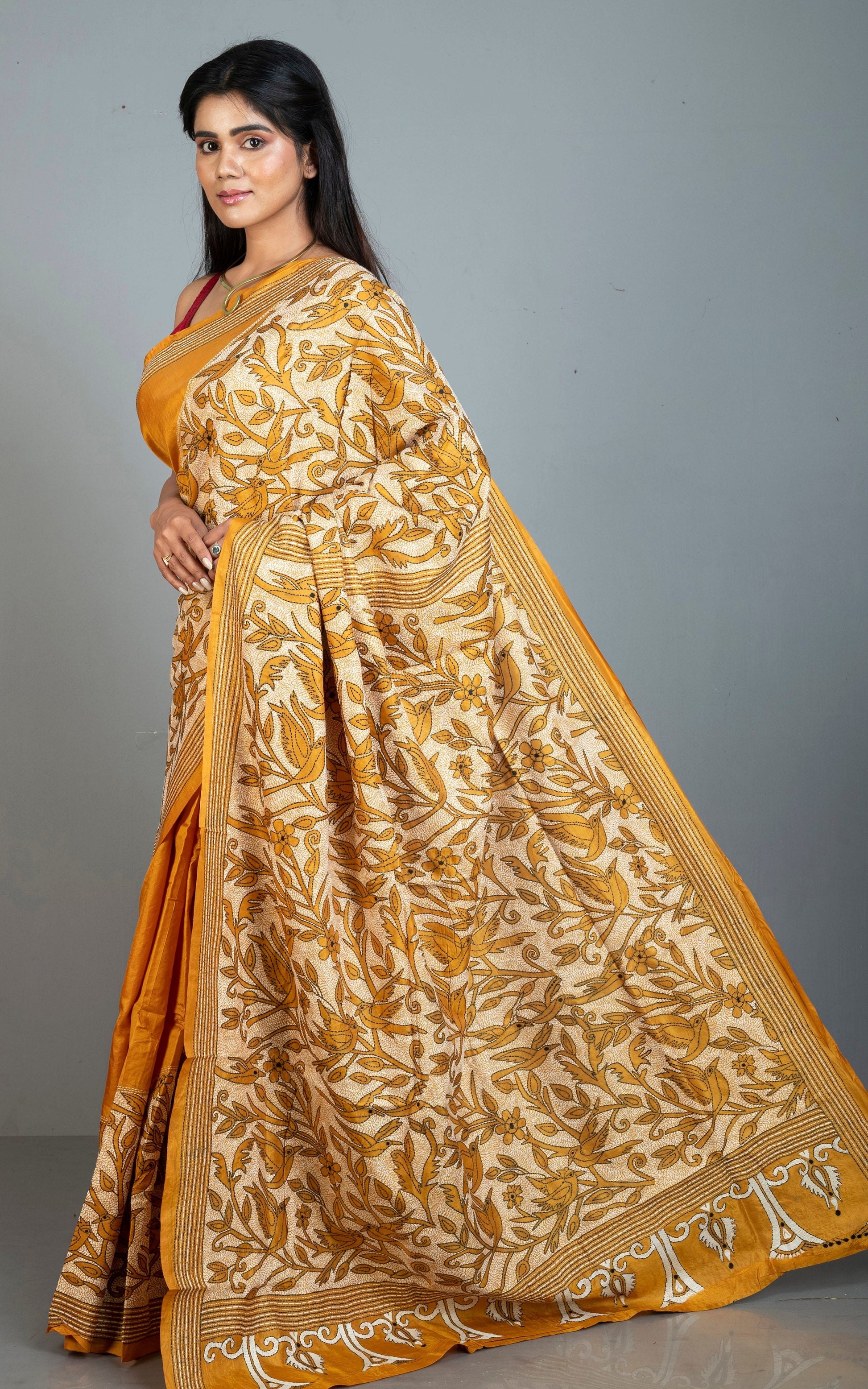 Hand Embroidery Reverse Nakshi Work Kantha Stitch Pure Silk Saree in Mustard Yellow, Off White and Black Thread Work