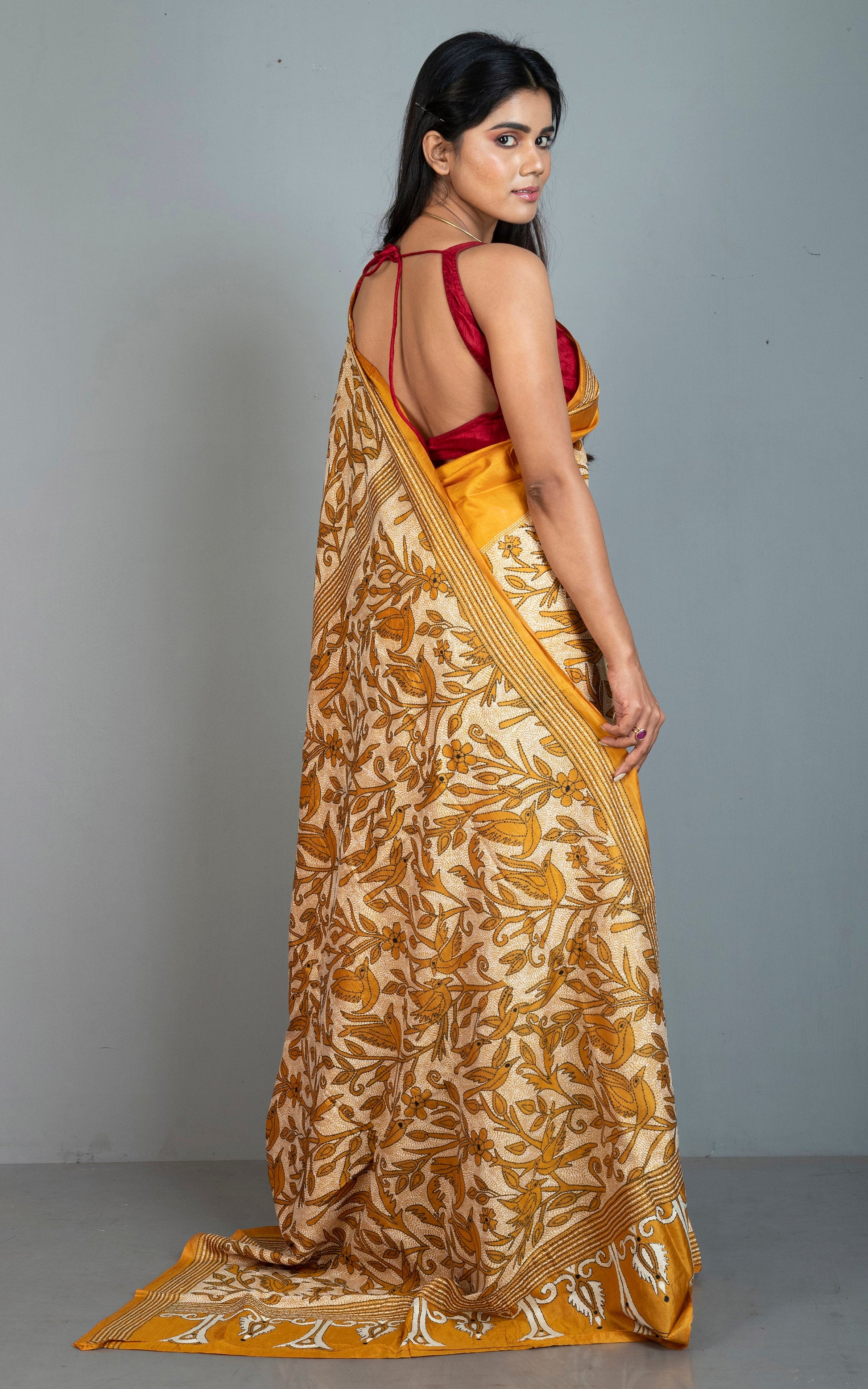 Hand Embroidery Reverse Nakshi Work Kantha Stitch Pure Silk Saree in Mustard Yellow, Off White and Black Thread Work