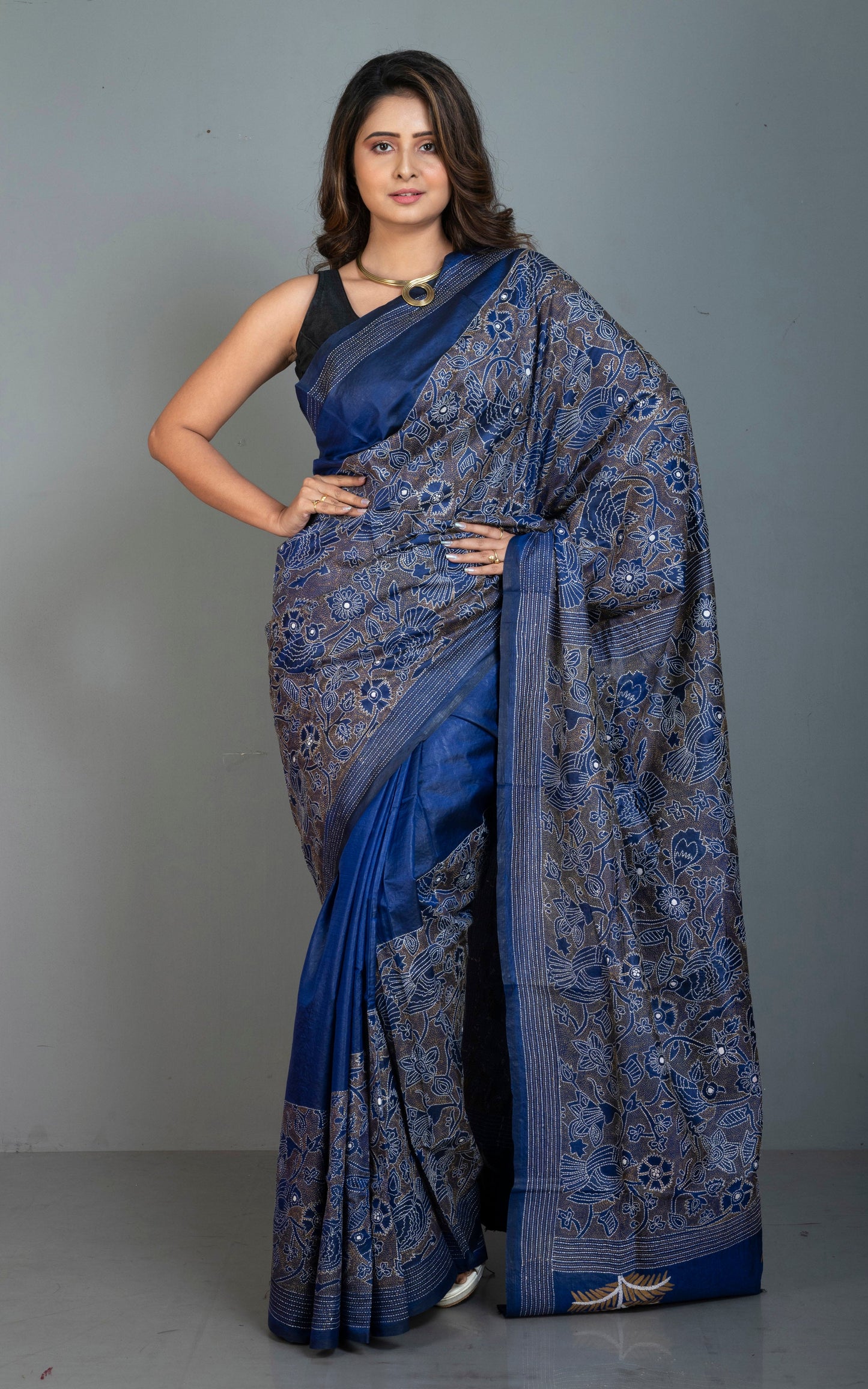 Hand Embroidery Reverse Nakshi Work Kantha Stitch Pure Silk Saree in Prussian Blue, Mustard Yellow and Off White Thread Work