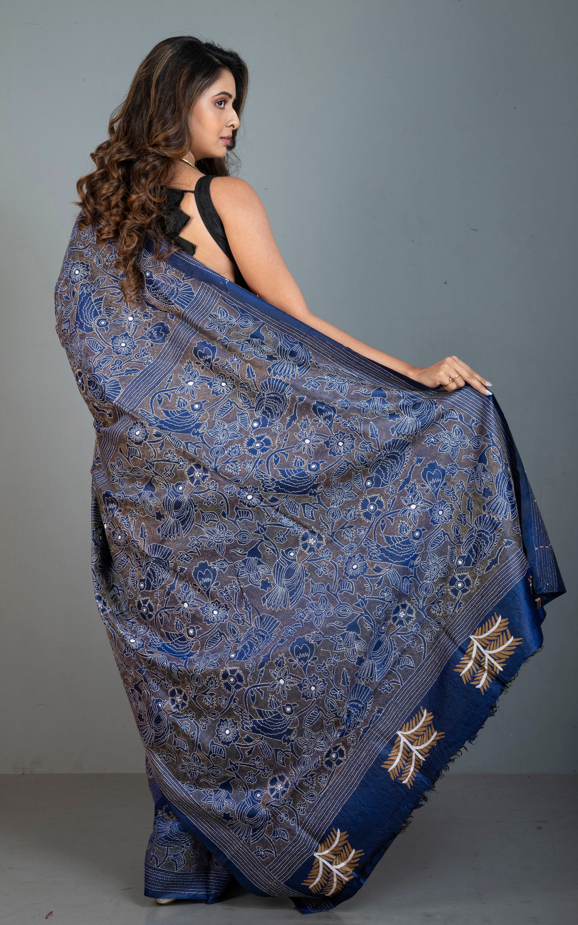 Hand Embroidery Reverse Nakshi Work Kantha Stitch Pure Silk Saree in Prussian Blue, Mustard Yellow and Off White Thread Work