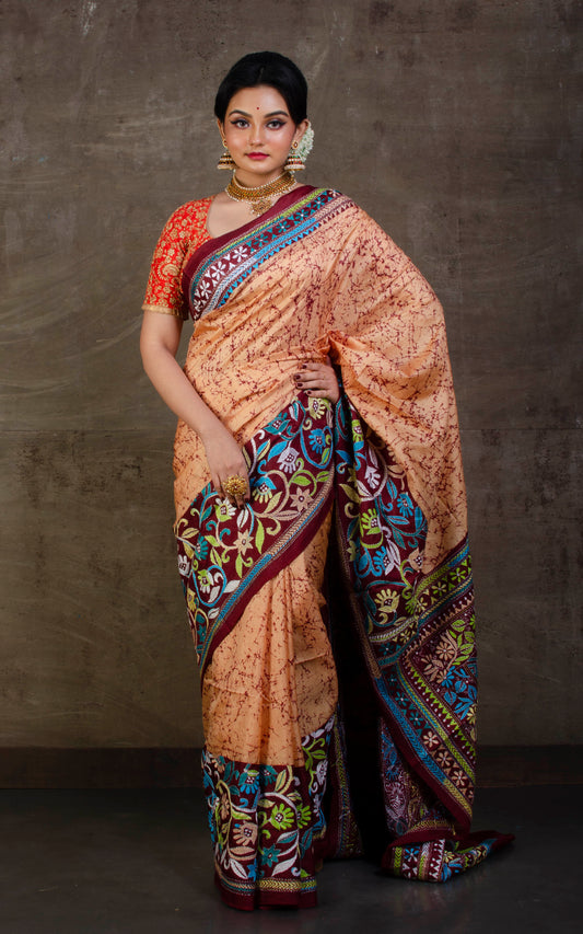 Pure Silk Hand Embroidery Batik Kantha Stitch Saree in Wheat, Mahogany and Multicolored Thread Work