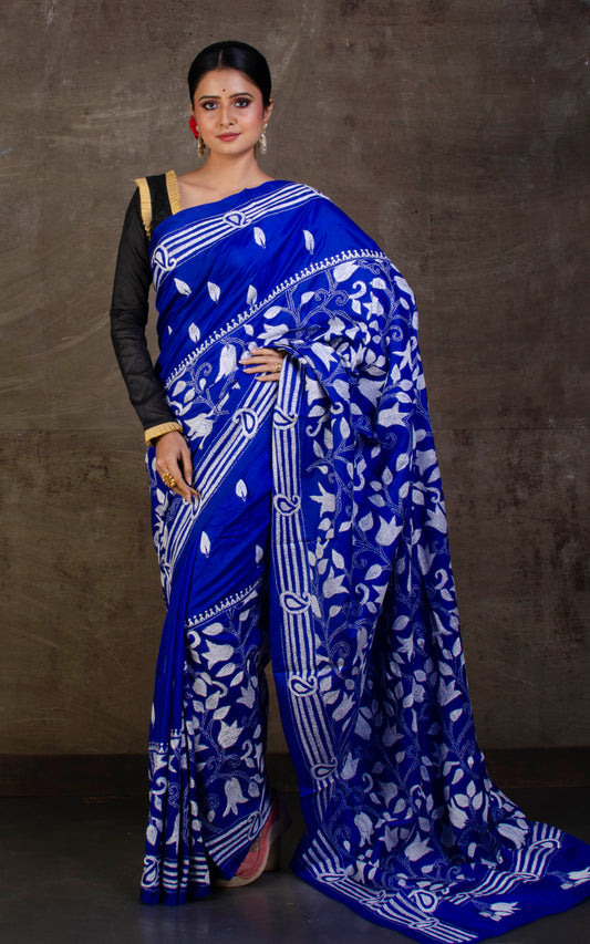 Pure Silk Hand Embroidery Kantha Stitch Saree in Royal Blue and White