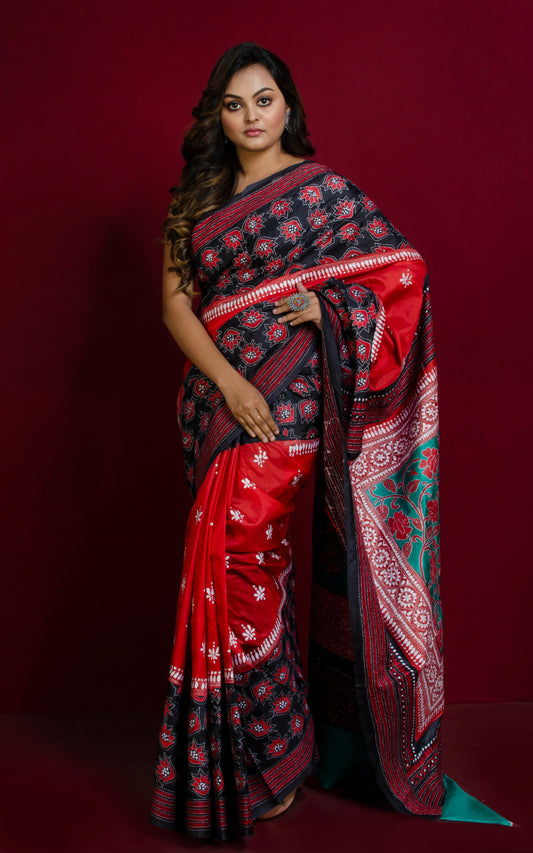 Tie-Dye Pure Silk Hand Embroidery Kantha Stitch Saree in Red, Black Cyan and White