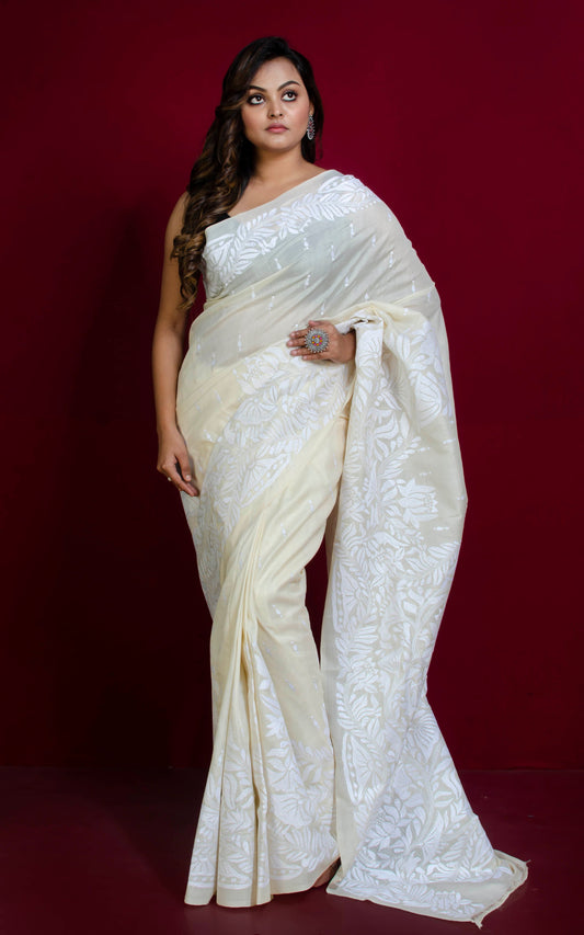 Hand Embroidery Tussar Silk Kantha Work Saree in Off White and White