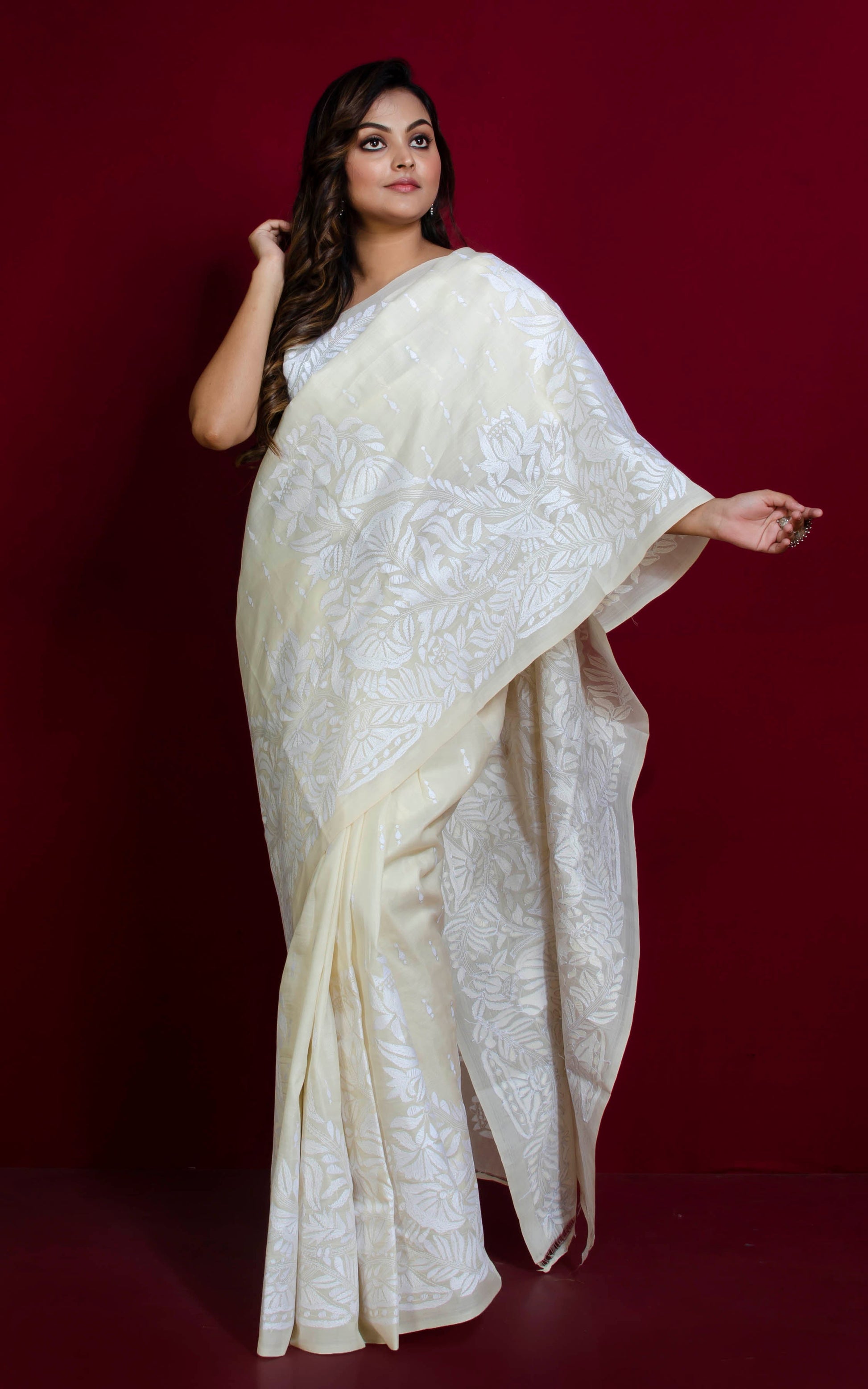 Hand Embroidery Tussar Silk Kantha Work Saree in Off White and White