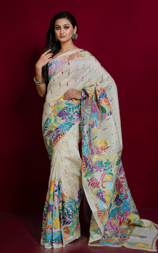 Hand Embroidery Tussar Silk Kantha Work Saree in Off White and Multicolored Thread Work