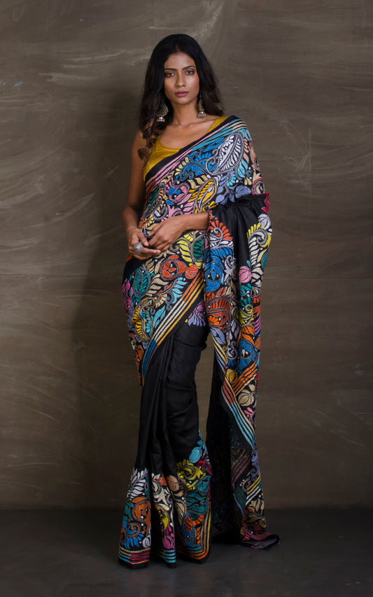 Pure Silk Hand Embroidery Kantha Stitch Saree in Black and Multicolored Thread Work