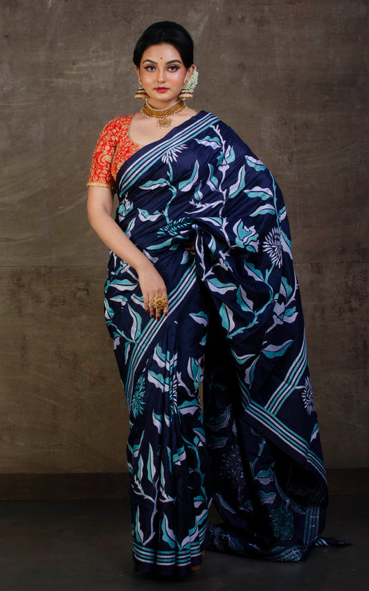 Pure Silk Hand Embroidery Kantha Stitch Saree in Midnight Blue, Cyan and Off White