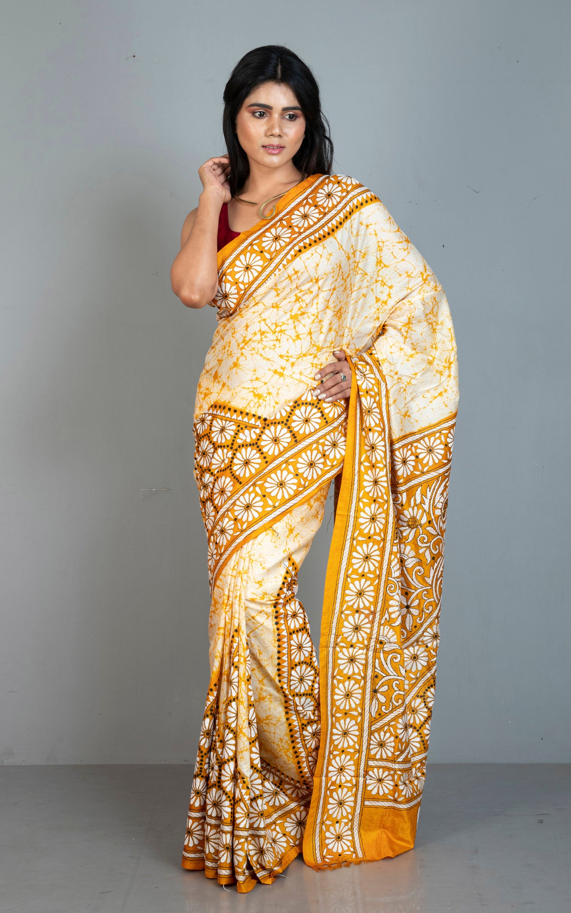 Pure Silk Hand Embroidery Hand Batik Kantha Stitch Saree in Beige, Golden Yellow, Black and Off White Thread Work