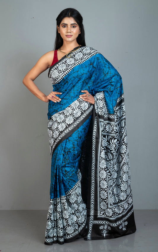 Pure Silk Hand Embroidery Hand Batik Kantha Stitch Saree in Sapphire Blue, Black and Off White Thread Work