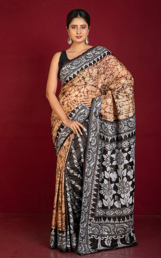 Pure Silk Hand Embroidery Hand Batik Kantha Stitch Saree in Parmesan, Snuff Brown and Off White Thread Work