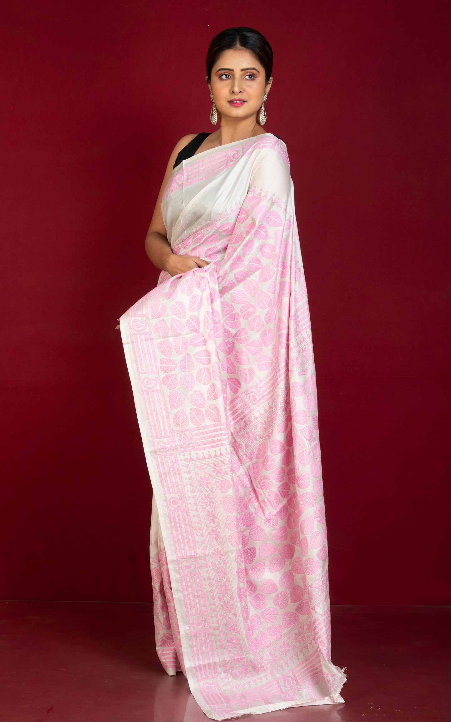 Hand Embroidery Blended Silk Kantha Work Saree in Off White and Blush Pink Thread Work