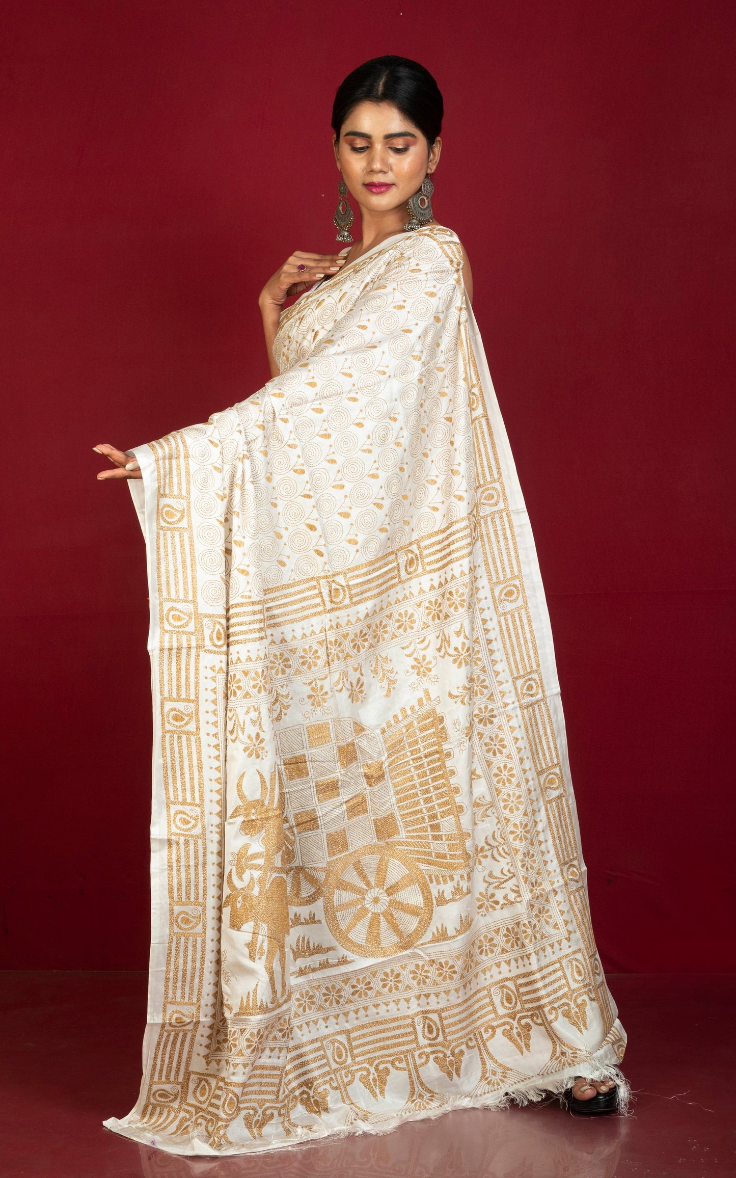 Hand Embroidery Blended Silk Kantha Work Saree in Off White and Snuff Brown Thread Work