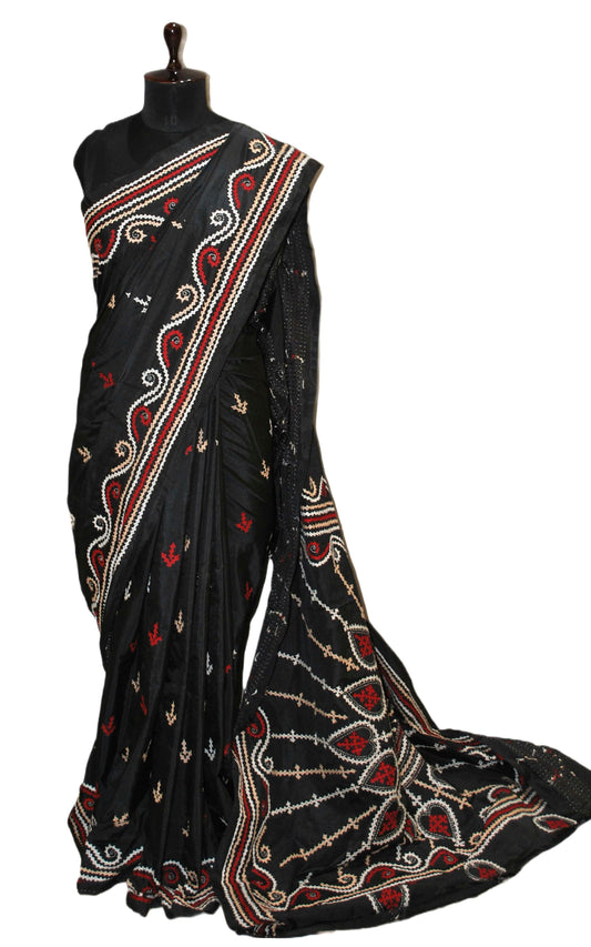 Hand Embroidery Blended Silk Kantha Work Saree in Black and Multicolored Thread Work