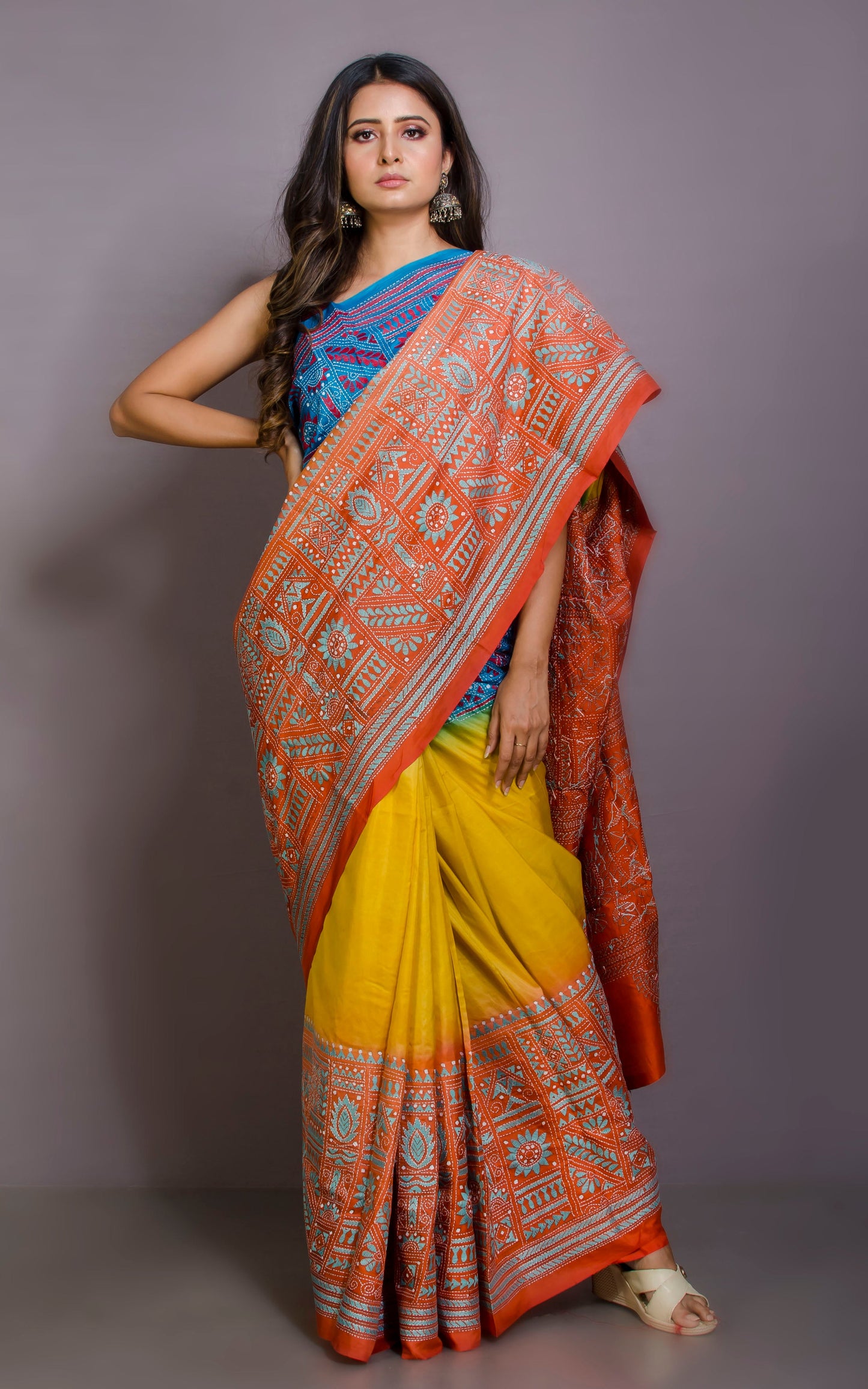 Tie-Dye Pure Silk Hand Embroidery Kantha Stitch Saree in Ochre Yellow, Celeste Blue and Sunrise Orange