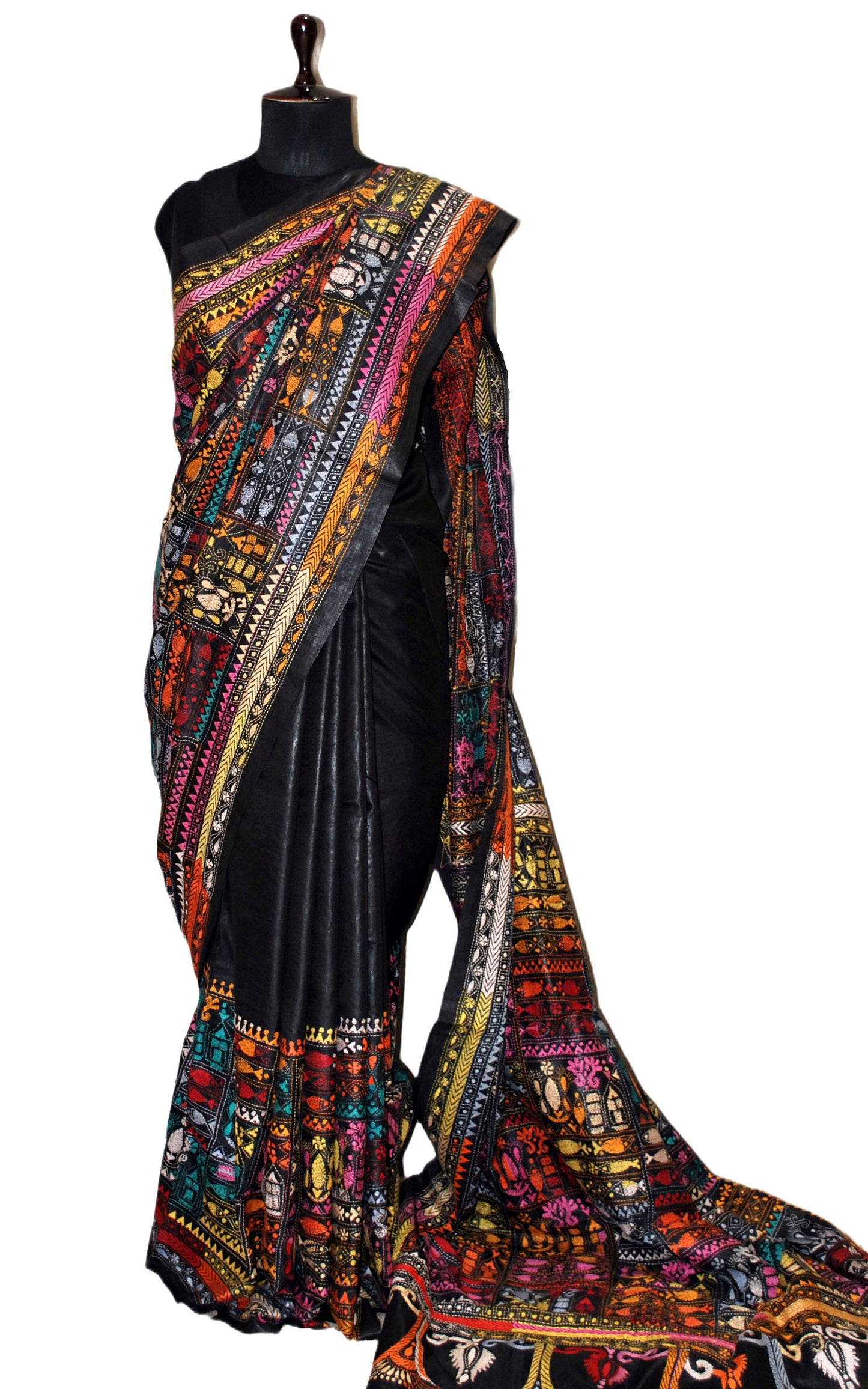 Pure Silk Hand Embroidery Kantha Stitch Saree in Black and Multicolored Thread Work