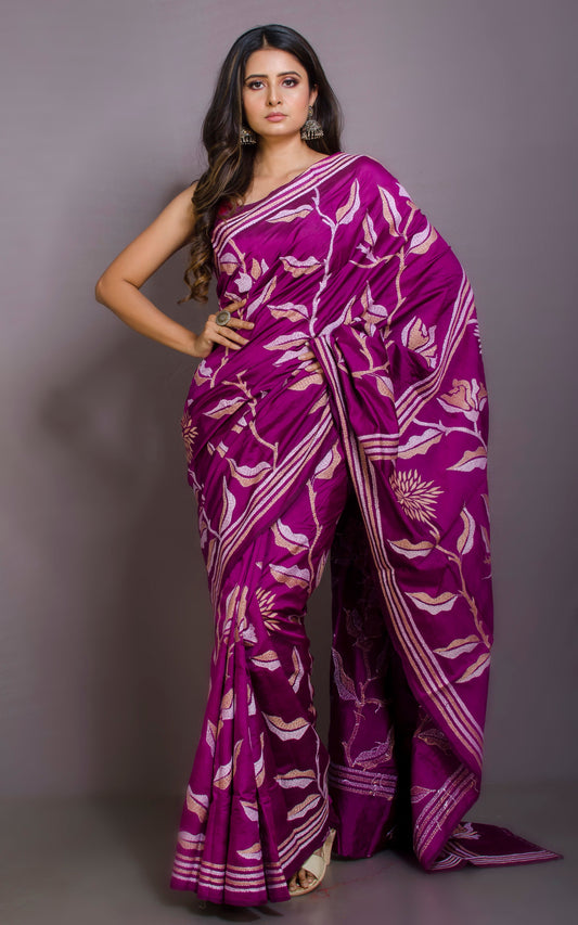 Pure Silk Hand Embroidery Kantha Stitch Saree in Magenta Purple, Biscotti and Off White