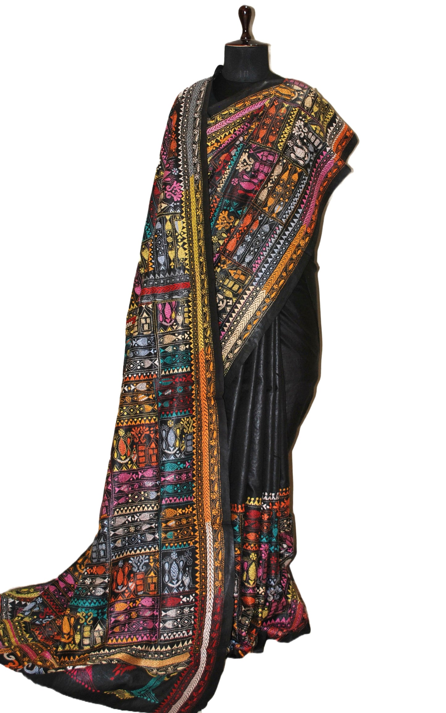 Pure Silk Hand Embroidery Kantha Stitch Saree in Black and Multicolored Thread Work