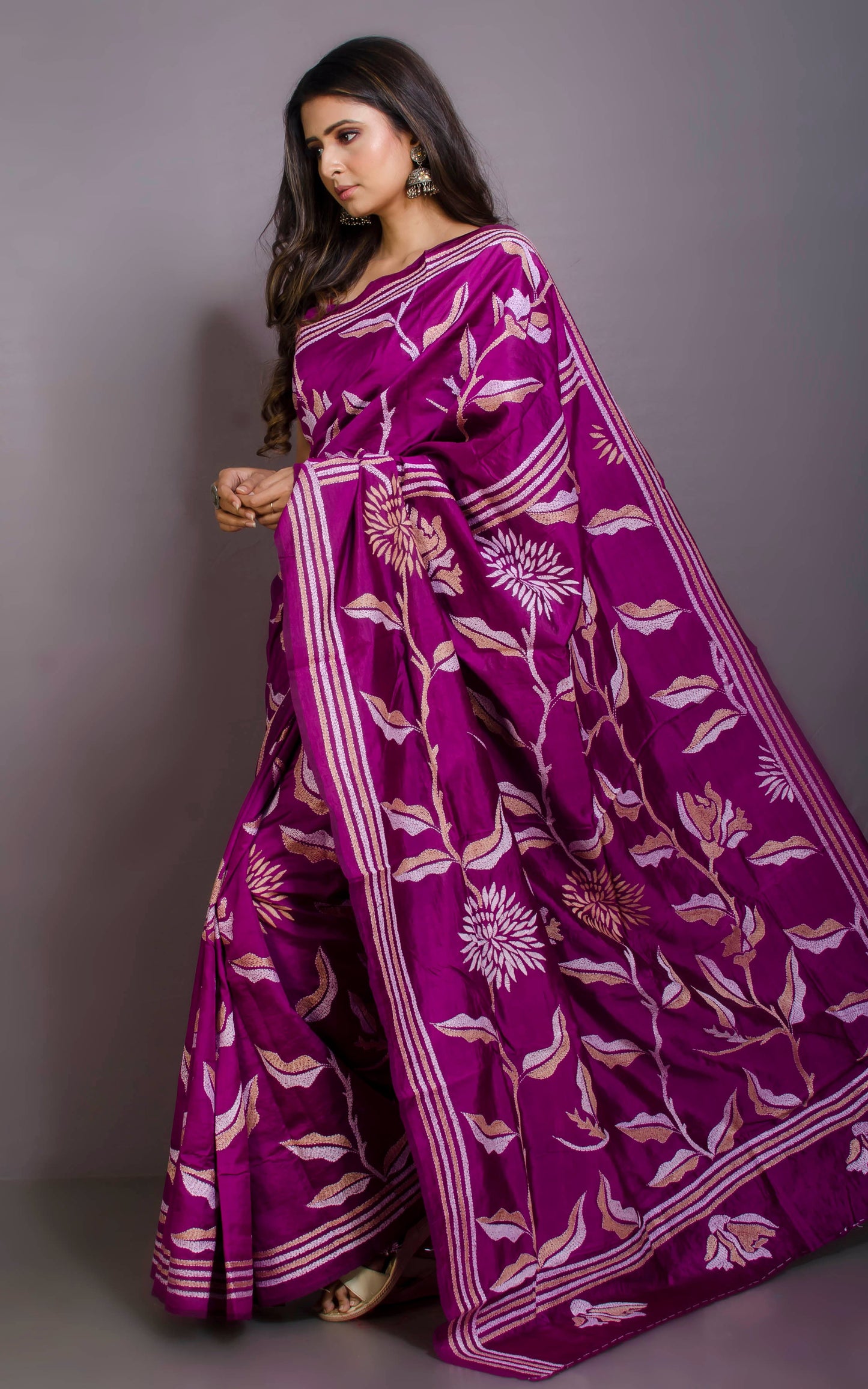 Pure Silk Hand Embroidery Kantha Stitch Saree in Magenta Purple, Biscotti and Off White