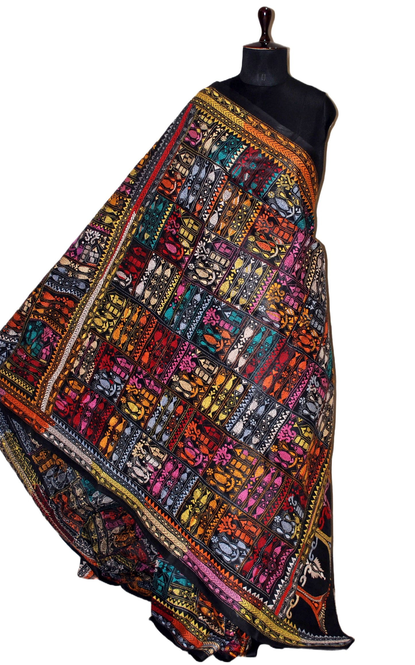 Pure Silk Hand Embroidery Kantha Stitch Saree in Black and Multicolored Thread Work