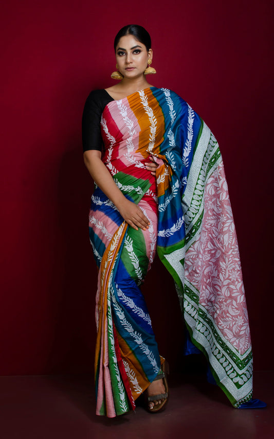 Tie-Dye Pure Silk Hand Embroidery Kantha Stitch Saree in Multicolored and Off White Thread Work