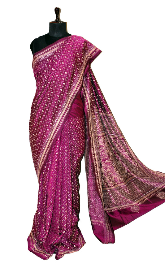 Pure Silk Hand Embroidery Kantha Stitch Saree in Magenta, Beige and Off White Thread Work