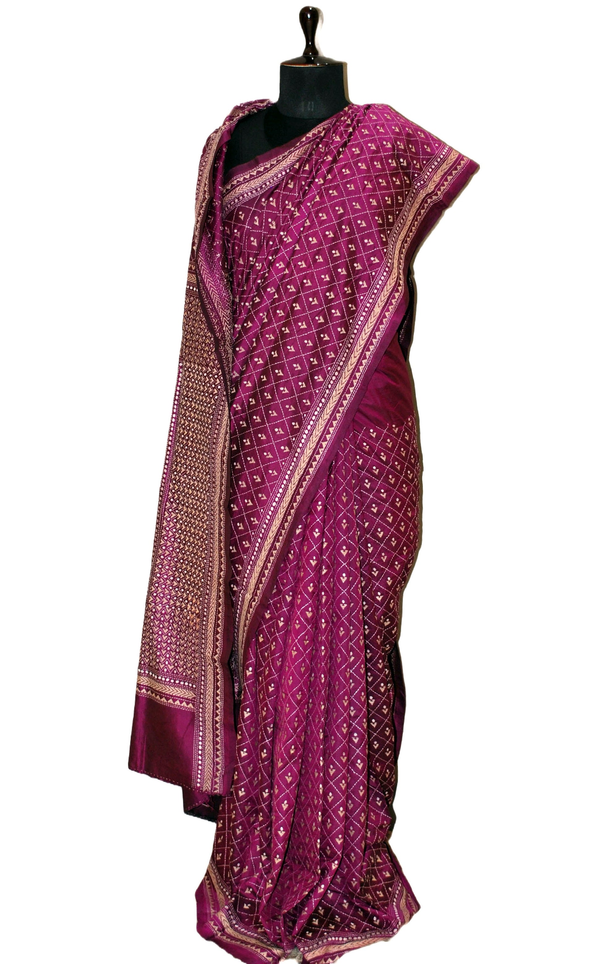 Pure Silk Hand Embroidery Kantha Stitch Saree in Magenta, Beige and Off White Thread Work