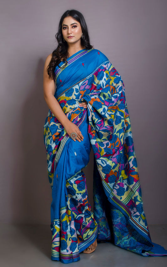 Pure Silk Hand Embroidery Kantha Stitch Saree in Neon Blue and Multicolored Thread Work