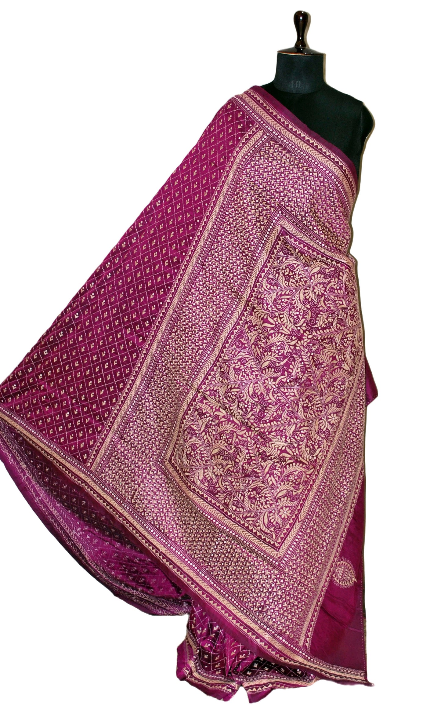 Pure Silk Hand Embroidery Kantha Stitch Saree in Magenta, Beige and Off White Thread Work