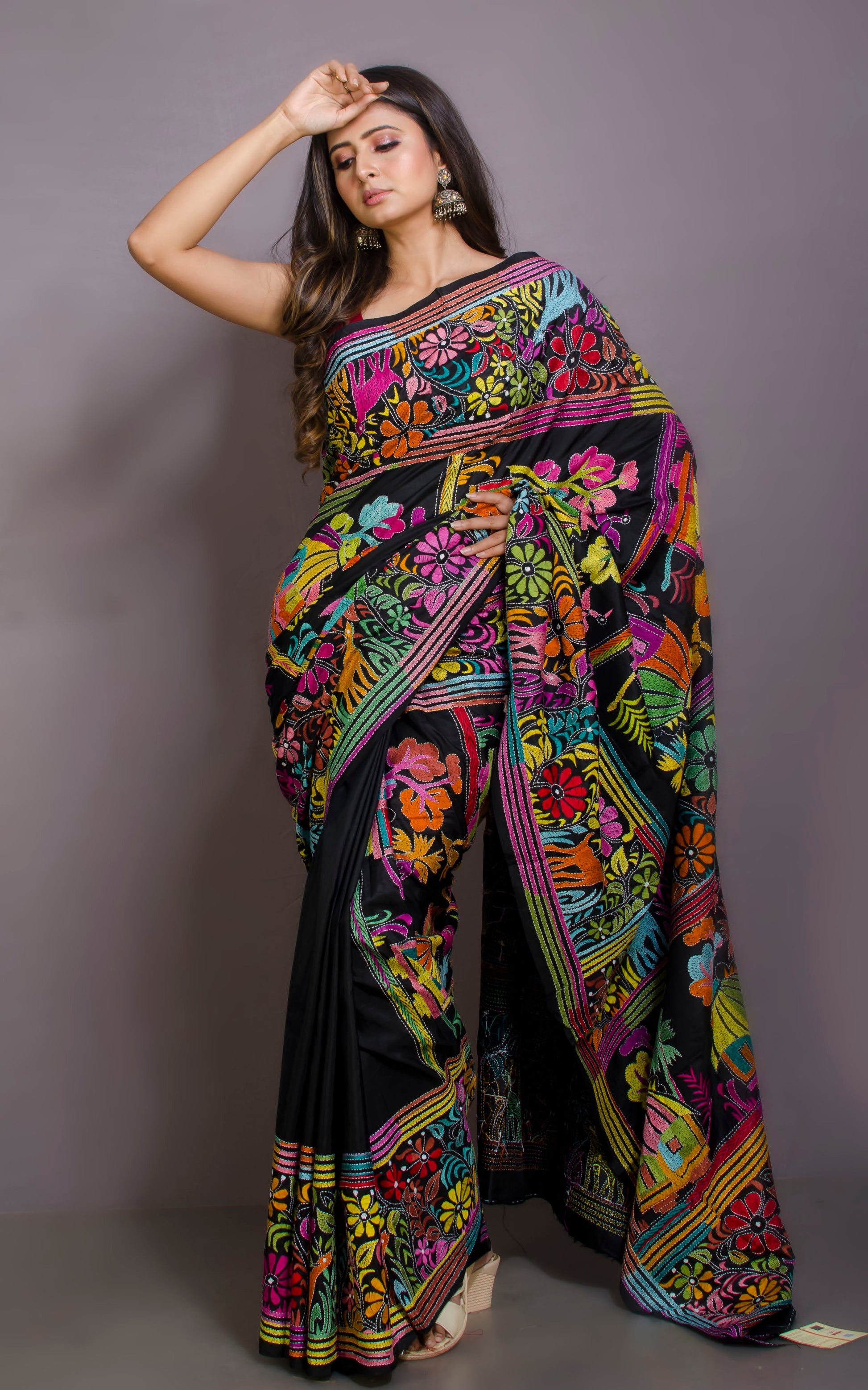 Pure Silk Hand Embroidery Kantha Stitch Saree in Obsidian Black and Multicolored Thread Work